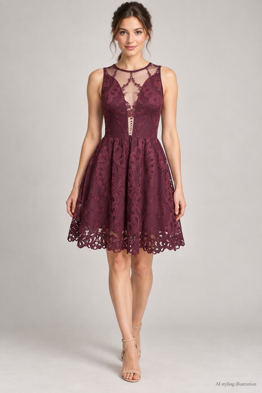 For Love & Lemons Burgundy Sheer Lace Dress Sleeveless Illusion Bodice Size S